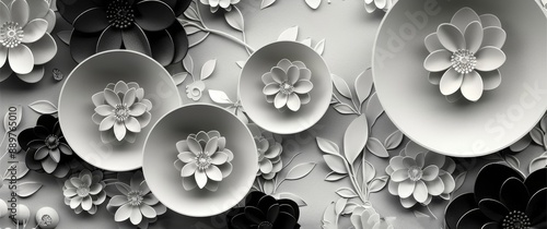 Modern monochrome elegance: 3d black and white circle with floral decor wallpaper â€“ ideal for home, office, bedroom, house, and shop wall art decor. 3d wall background and mural, Generative AI