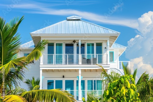 During a sunny day, nobody in Florida can view this wooden house tower new urbanism modern architecture by the ocean on the beach