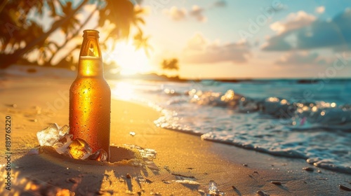 Refreshing Beer Bottle on Sandy Beach with Sunset and Palm Shadows - Summer Vacation Concept