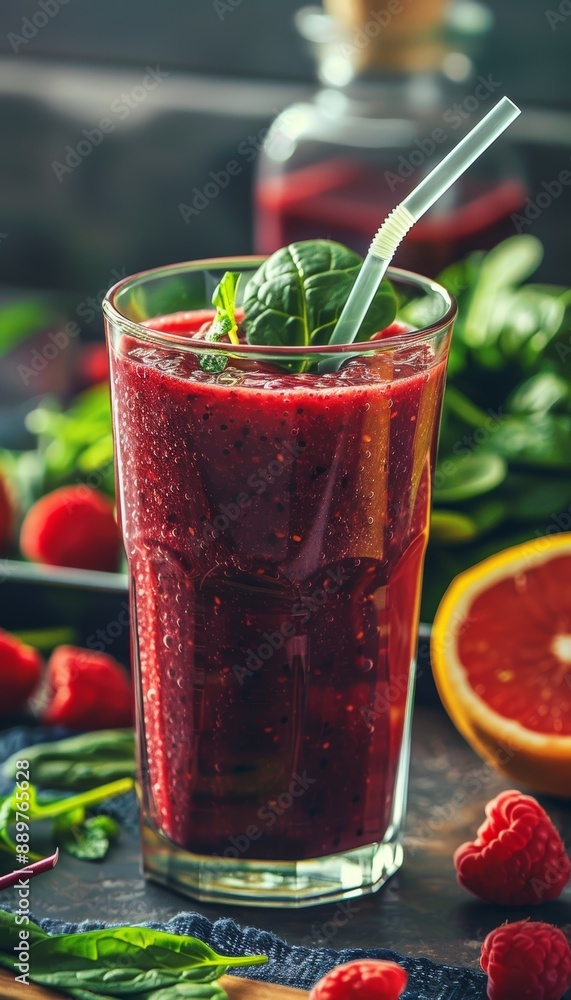Healthy Berry and Spinach Smoothie in Glass with Reusable Straw for Fresh Ingredient Recipes Healthy Berry and Spinach Smoothie in Glass with Reusable Straw for Fresh Ingredient Recipes