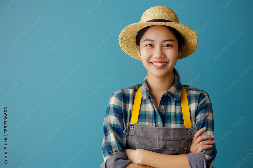 Smiling young Asian female farmer isolated