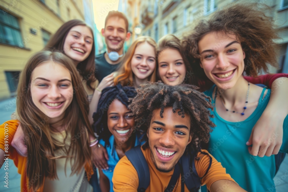 Multicultural young people celebrating with laughter outdoors - Happy lifestyle concept - Multiracial friends take a group selfie portrait on city street. Multicultural young people celebrating with laughter outdoors - Happy lifestyle concept - Multiracial friends take a group selfie portrait on city street.