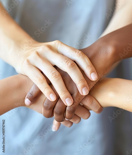 In counseling for mental health, wellness or teamwork, people hold hands and pray, worship, and hope in community group therapy for help, solidarity, or spiritual faith.