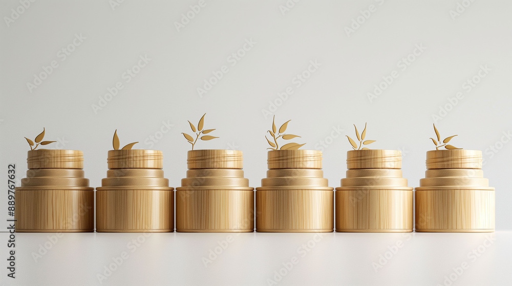 The sophisticated arrangement of wooden cosmetic jars with small decorative leaves on a light background, eco friendly packaging concept The sophisticated arrangement of wooden cosmetic jars with small decorative leaves on a light background, eco friendly packaging concept