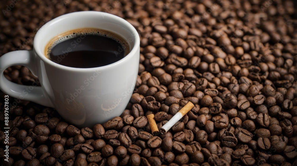 Fototapeta premium A cup of black coffee with two cigarettes on a saucer, surrounded by coffee beans. Perfect for illustrating coffee and smoking habits.