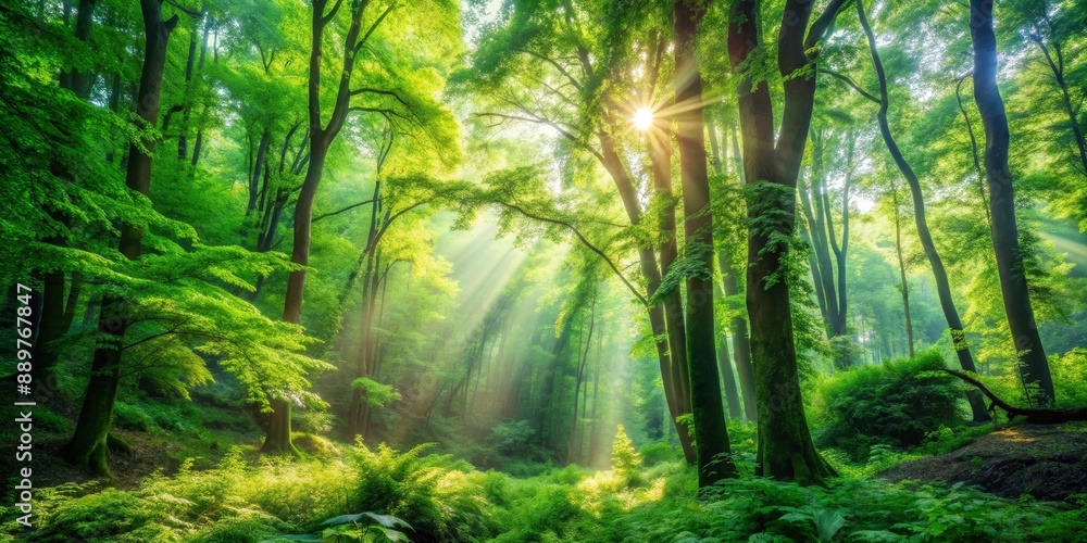Obraz premium Lush green forest filled with sunlight and vibrant foliage, summer, forest, trees, nature, sunlight, greenery, lush, vibrant