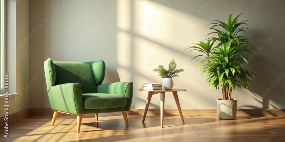 Green armchair in a sunlit corner with wooden side table and plant , home decor, interior design, cozy, relaxation Green armchair in a sunlit corner with wooden side table and plant , home decor, interior design, cozy, relaxation