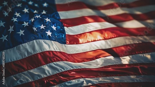Animation of a close up of an American flag shown gently waving in the wind