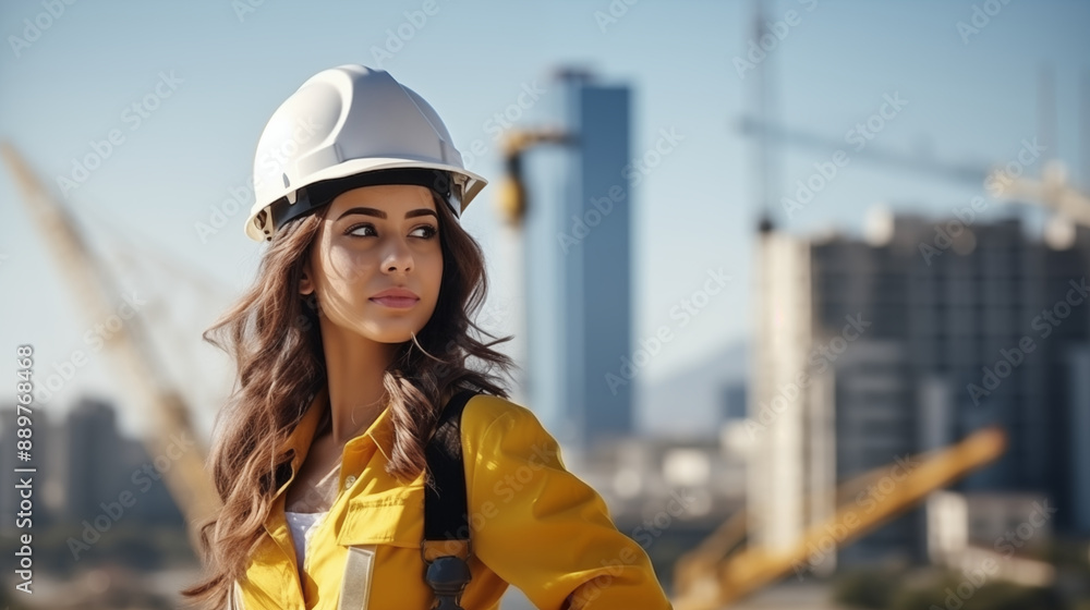 A girl engineer in a safety helmet against the background of the construction of an apartment complex. A girl engineer in a safety helmet against the background of the construction of an apartment complex.