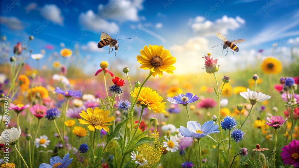 Fototapeta premium Ethereal field of wildflowers swaying in the breeze with bees dancing among colorful blooms, wildflowers, field, ethereal, beauty