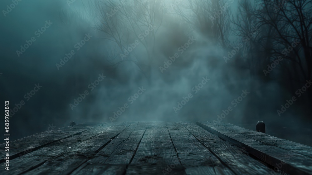 A foggy, misty forest with a wooden bridge in the foreground. The bridge is wet and the fog is thick, creating a mysterious and eerie atmosphere A foggy, misty forest with a wooden bridge in the foreground. The bridge is wet and the fog is thick, creating a mysterious and eerie atmosphere