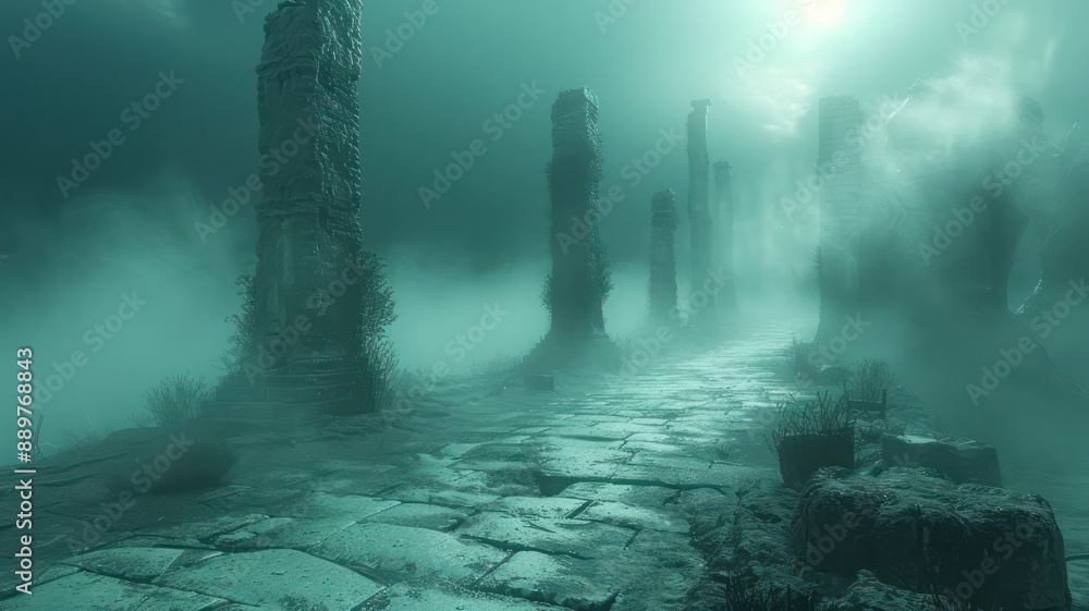 A dark, foggy path with stone pillars and a mysterious atmosphere. The scene is set in a graveyard, with the pillars standing tall and the fog adding an eerie touch to the setting A dark, foggy path with stone pillars and a mysterious atmosphere. The scene is set in a graveyard, with the pillars standing tall and the fog adding an eerie touch to the setting