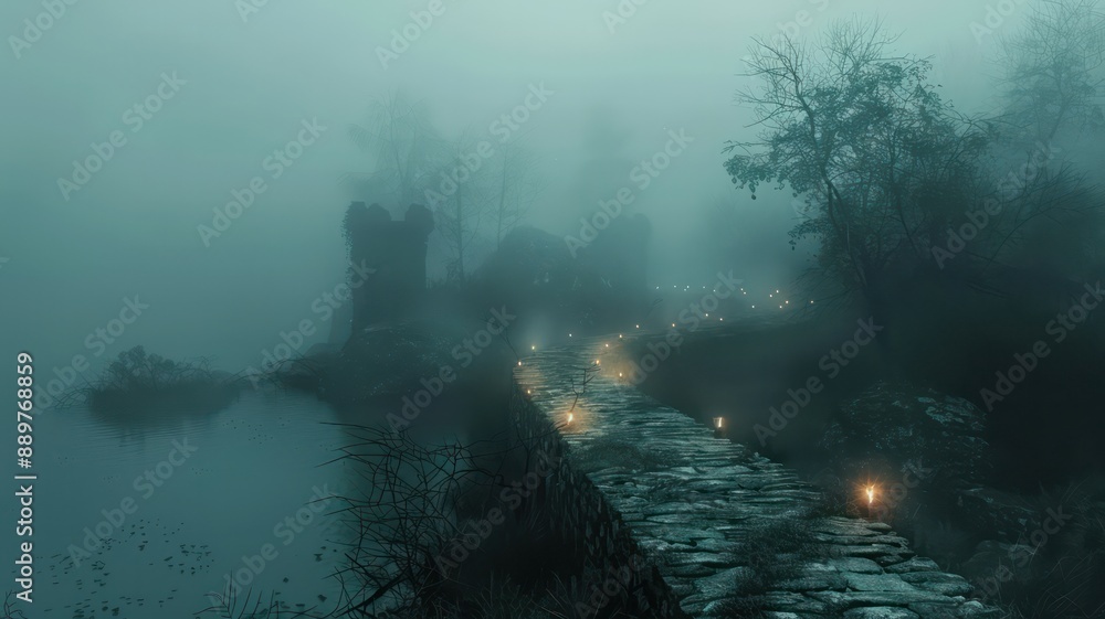 Fototapeta premium A foggy forest path with a castle in the background. The path is lit by candles and lanterns