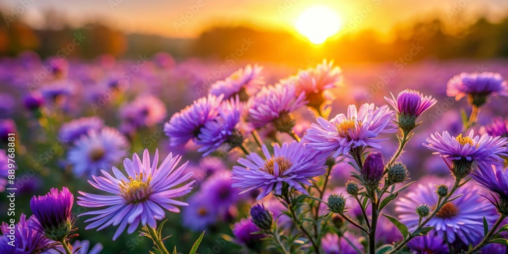 Fototapeta premium Field of purple flowers illuminated by setting sun, purple, flowers, field, sunset, warm, glow, serene, scene, stunning