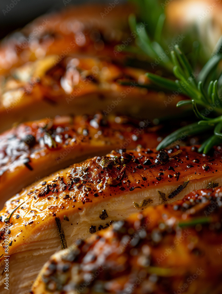 Artistic close-up of turkey skin texture with roasted herbs, October food for global , Thanksgiving Day, November Artistic close-up of turkey skin texture with roasted herbs, October food for global , Thanksgiving Day, November