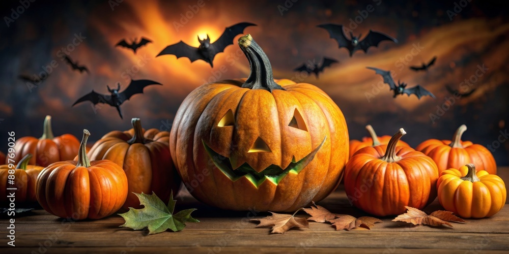 Halloween pumpkin surrounded by bats and smaller pumpkins , Halloween, pumpkin, bats, spooky, decoration, autumn, fall Halloween pumpkin surrounded by bats and smaller pumpkins , Halloween, pumpkin, bats, spooky, decoration, autumn, fall