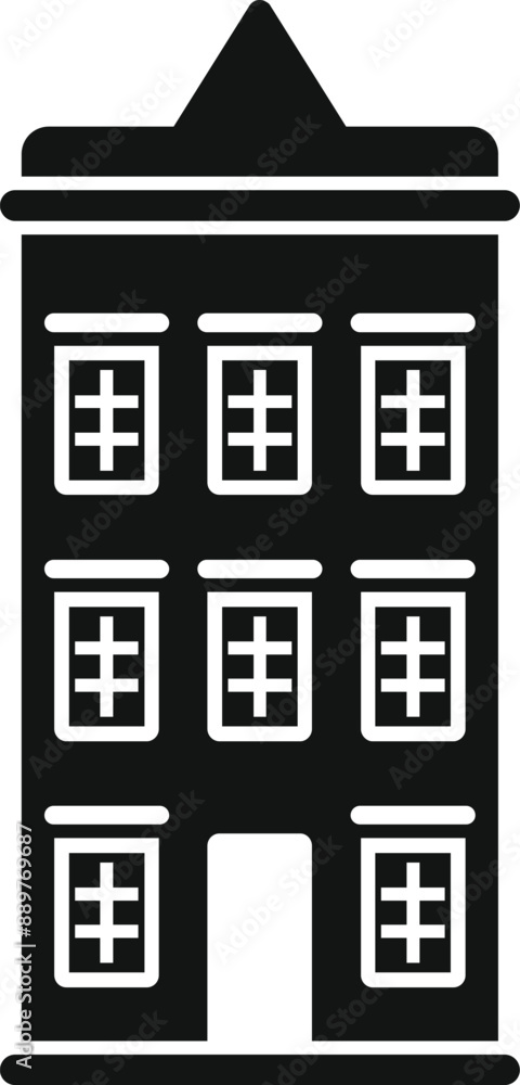 Simple icon of a narrow brick building with many windows standing on foundation Simple icon of a narrow brick building with many windows standing on foundation