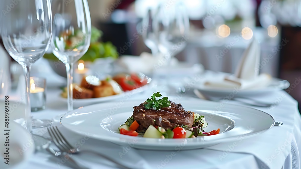 Beautifully plated gourmet dishes on a luxurious white tablecloth, highlighting culinary elegance. 32k, full ultra HD, high resolution Beautifully plated gourmet dishes on a luxurious white tablecloth, highlighting culinary elegance. 32k, full ultra HD, high resolution
