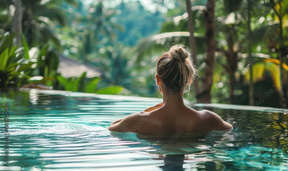 Beautiful woman relaxing in luxury pool, serene vacation scene. Free copy space for text. Beautiful woman relaxing in luxury pool, serene vacation scene. Free copy space for text.