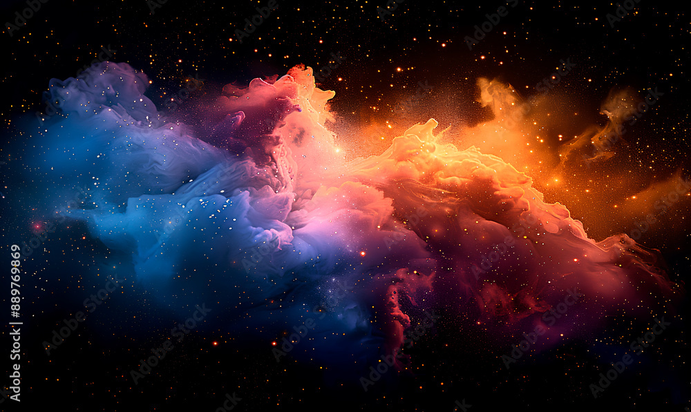 A large, colorful cloud of gas and dust in space, illuminated by distant stars A large, colorful cloud of gas and dust in space, illuminated by distant stars