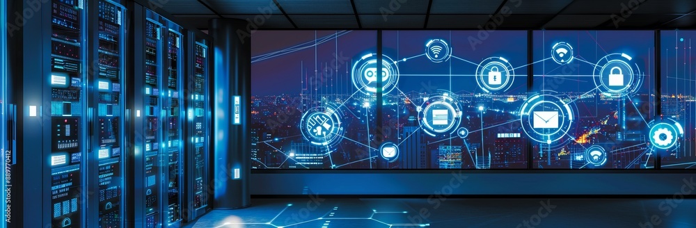 Naklejka premium Overnight monitoring of data center and communication lines, smart city concept, management and monitoring in data centers