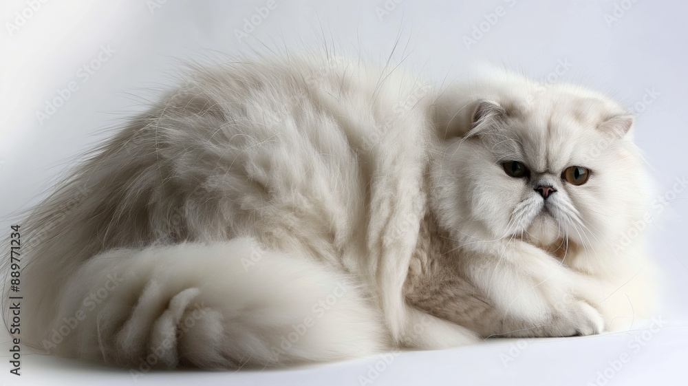 Fototapeta premium A fluffy white Persian cat lying on a white background