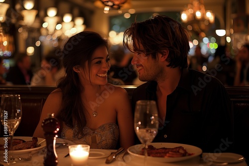 Romantic Couple Enjoying Dinner Date in Restaurant