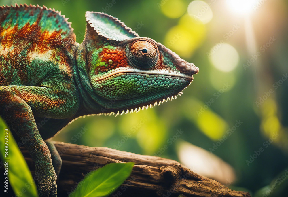 Obraz premium A chameleon blending into the vibrant foliage of a tropical rainforest, with beams of sunlight filte 