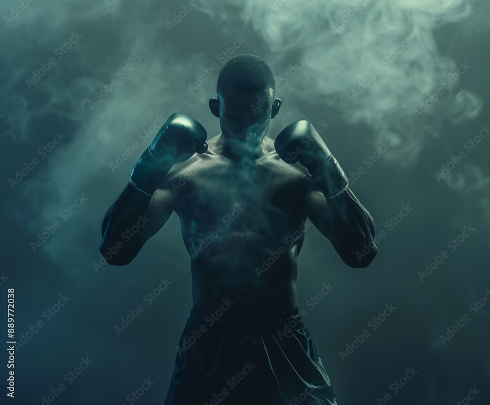 Fototapeta premium A determined boxer stands in a fighting stance, surrounded by smoke, highlighting his focused expression and athletic physique. The dramatic lighting and shadow create an intense atmosphere.