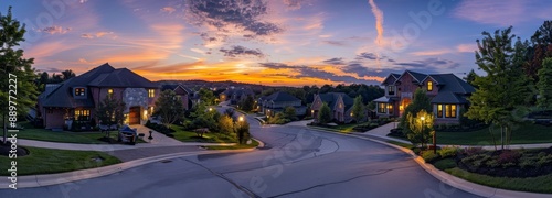 Colorful dramatic sky in a new construction neighborhood street sunset panorama of modern upper middle class single family homes photo