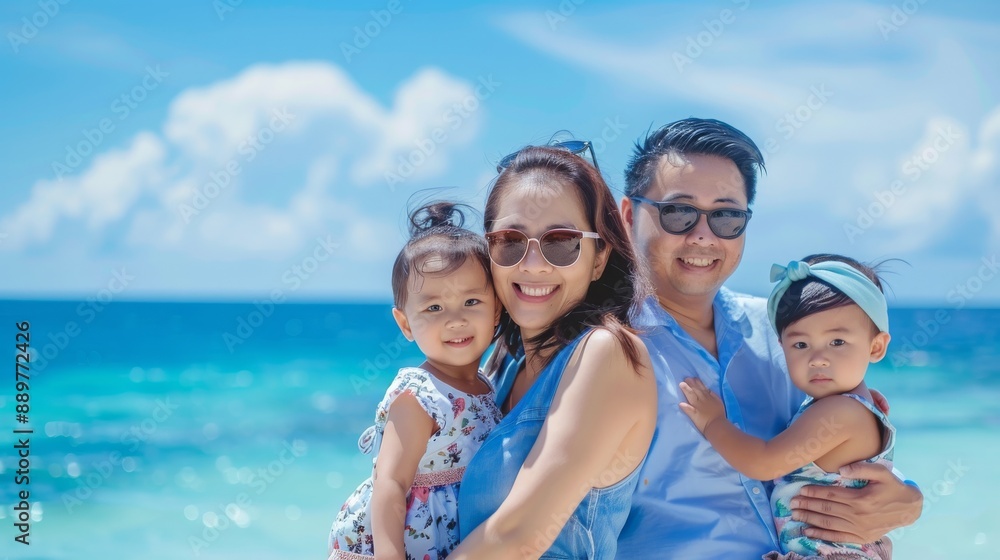 Portrait of a Japanese Asian family on holidays at the beach with beautiful blue sky and copy space
Portrait of a Japanese Asian family on holidays at the beach with beautiful blue sky and copy space