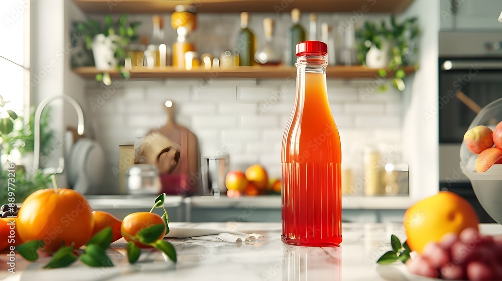 A kitchen counter with various jars and bottles, including a bottle of fresh juice. A kitchen counter with various jars and bottles, including a bottle of fresh juice.