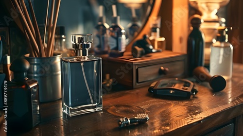 Various perfume bottles arranged on a vanity table, showcasing a collection of fragrances.