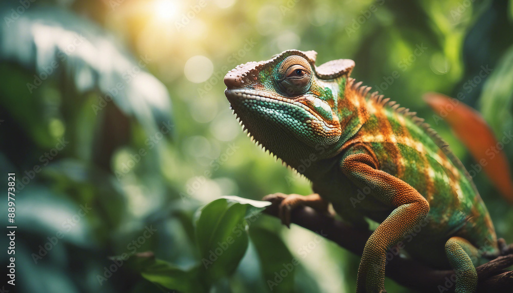 A chameleon blending into the vibrant foliage of a tropical rainforest, with beams of sunlight filte
A chameleon blending into the vibrant foliage of a tropical rainforest, with beams of sunlight filte