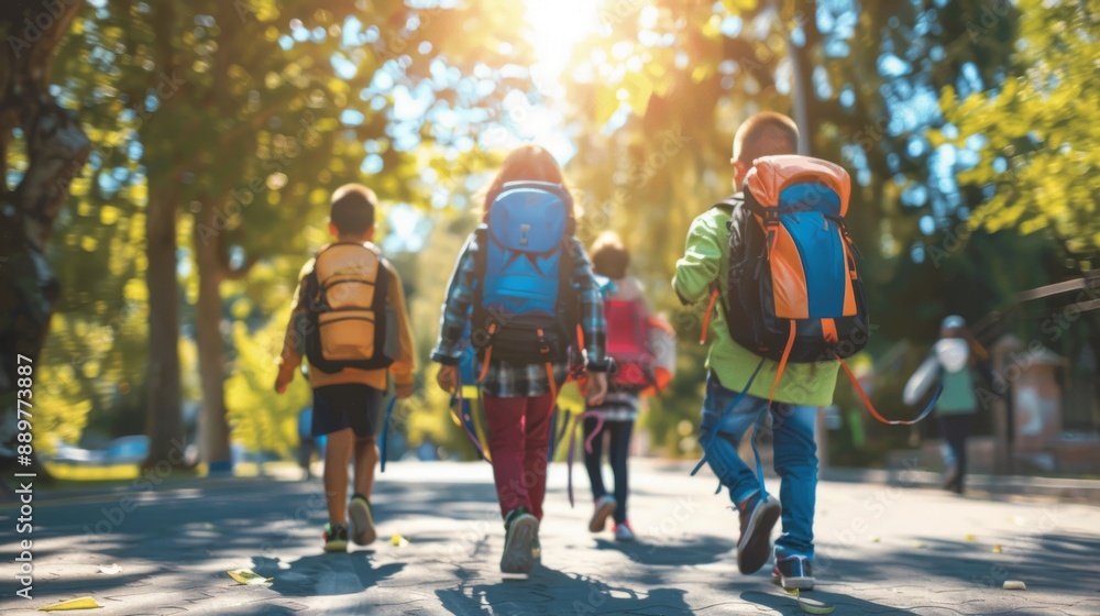 Obraz premium A group of young children walking together in friendship on the first day of school, generative AI