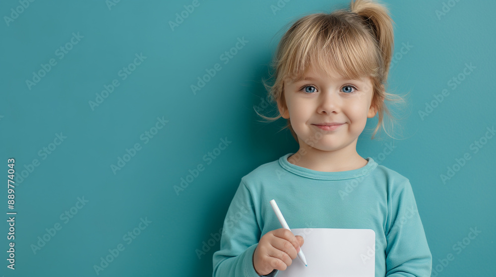 Smiling Little Girl Holding Pencil, Blue Hoodie, Against Turquoise Background, Child Portrait, Happy Expression, Creative Childhood, Artistic Concept, Studio Shot, Bright Colors, Early Learning