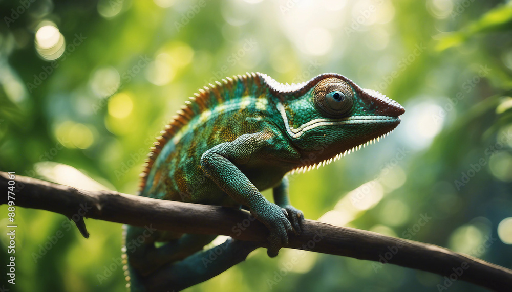 A chameleon blending into the vibrant foliage of a tropical rainforest, with beams of sunlight filte
A chameleon blending into the vibrant foliage of a tropical rainforest, with beams of sunlight filte