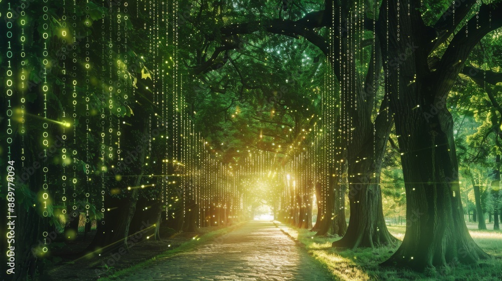 A path through a forest lined with trees is illuminated by glowing digital code. The sun sets behind the trees creating a bright glow in the distance. A path through a forest lined with trees is illuminated by glowing digital code. The sun sets behind the trees creating a bright glow in the distance.