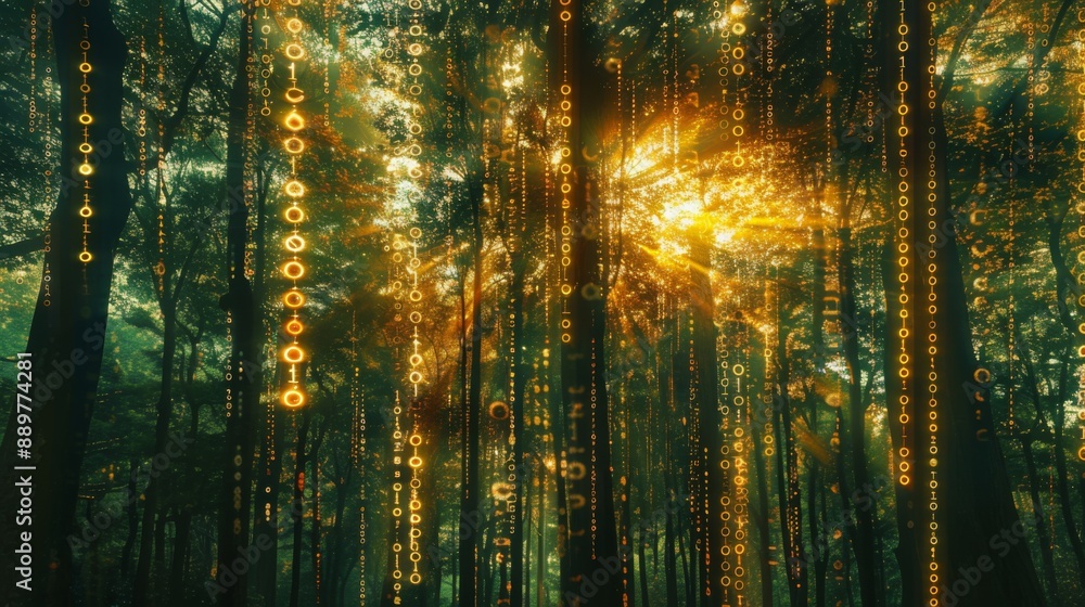 Obraz premium A digital rain of glowing binary code falls through the trees of a forest as the sun shines through the canopy, creating a surreal and mesmerizing scene.