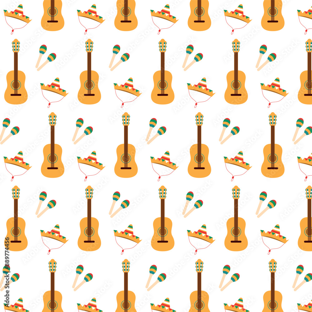A vibrant seamless pattern featuring a mexican musical instruments and sombrero. Music concept. Graphic design for fabric, wrapping, textile, wallpaper, apparel. Vector illustration in flat style A vibrant seamless pattern featuring a mexican musical instruments and sombrero. Music concept. Graphic design for fabric, wrapping, textile, wallpaper, apparel. Vector illustration in flat style