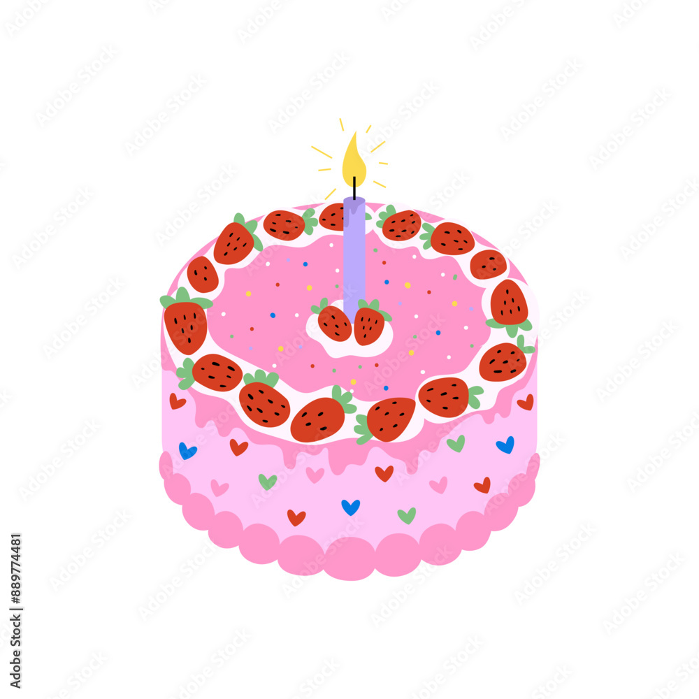 Pink birthday cake with candle and strawberries. Vector flat holiday illustration Pink birthday cake with candle and strawberries. Vector flat holiday illustration