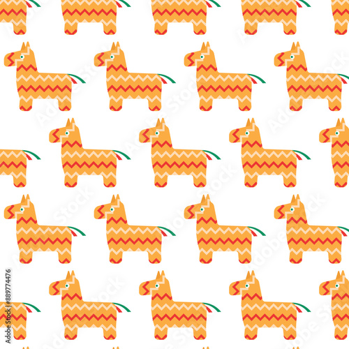 Seamless pinata pattern background, colorful Mexican party toys, paper art for holiday celebration. Mexico fiesta, carnival decoration, endless texture, repeatable design