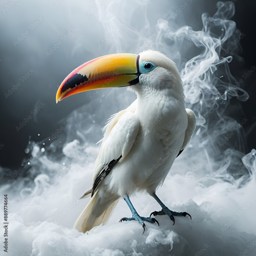 Fototapeta premium Beautiful toucan in white smoke on dark background