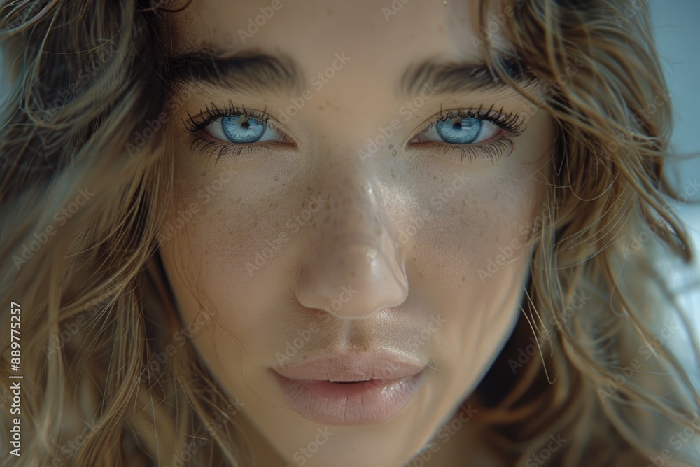 A close-up portrait of a woman with long blonde hair, blue eyes, and freckles, framed by a blurred background