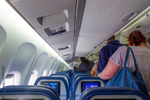 Passengers Deplaning a Boeing 767 After a Flight
