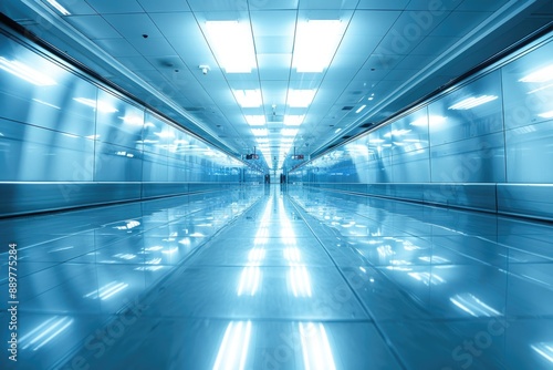 A long, bright corridor with a smooth, reflective floor. The walls are lined with white tile and illuminated by overhead lights