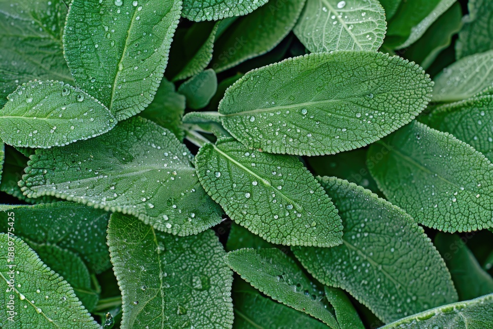 Fototapeta premium Lush green sage leaves covered in morning dew, capturing the beauty of a summer garden