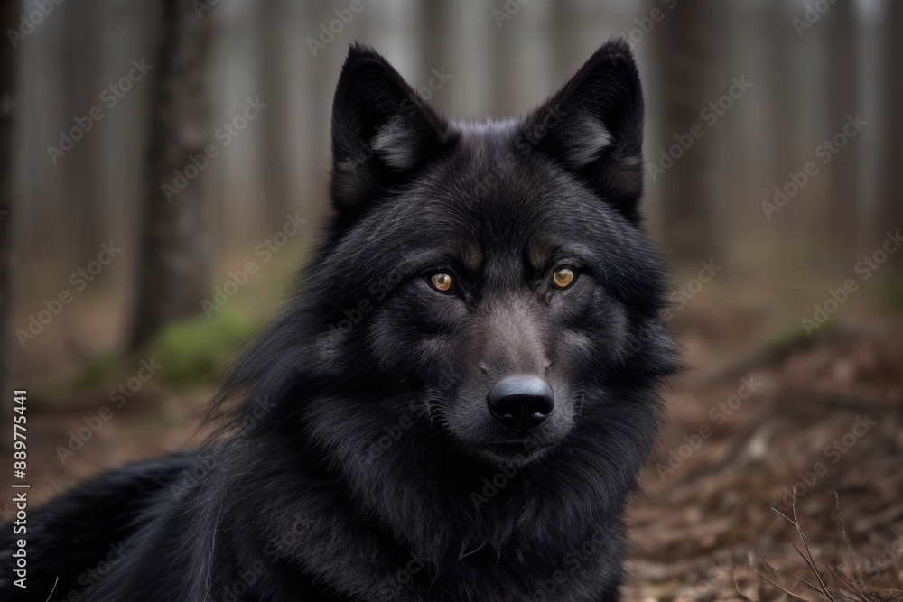 Black Wolf over a blurry forest background Black Wolf over a blurry forest background
