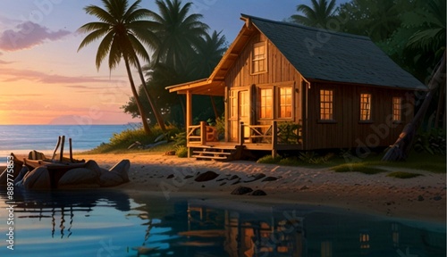 Serene Summer Cabin by the Beach in Vibrant Oil Paints, Radiating Coziness and Tranquility