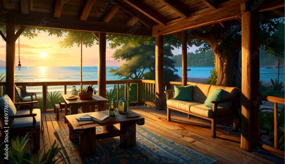 Serene Summer Cabin by the Beach in Vibrant Oil Paints, Radiating Coziness and Tranquility Serene Summer Cabin by the Beach in Vibrant Oil Paints, Radiating Coziness and Tranquility